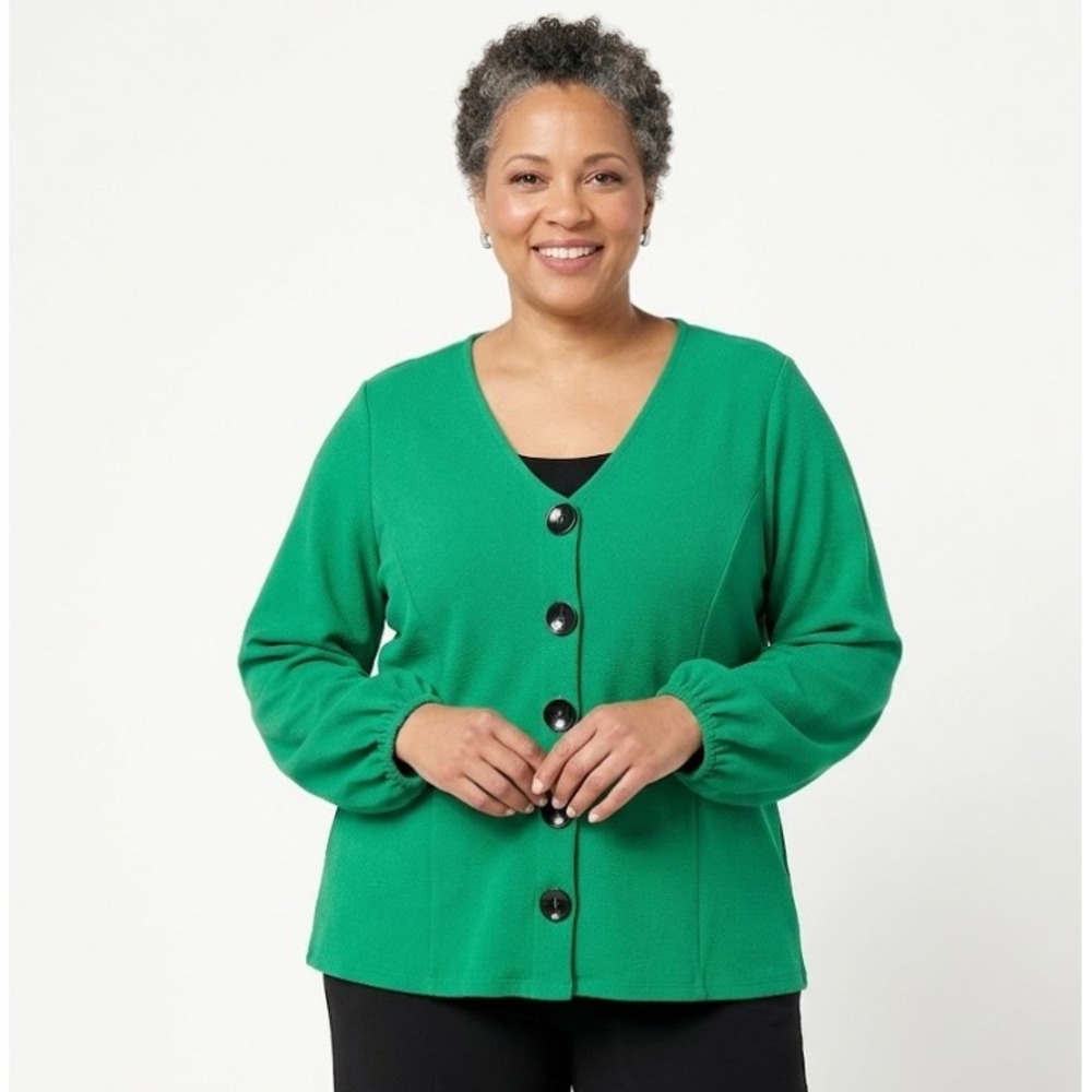 New Ashley Stewart Kelly Green V Neck Puff Sleeve Button Down size 26/28 Preppy